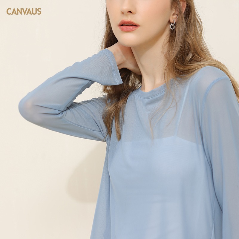 CANVAUS Mujeres Nuevo Otoño de manga larga suelta cuello redondo malla ahueca hacia fuera vestir prendas exteriores superior para las en stock venta al por mayor