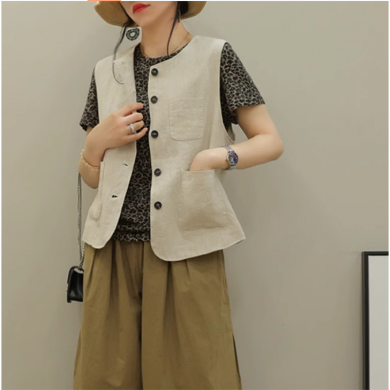 French-Style Layered Suit Vest Cardigan for Women, Spring and Summer Simple Round Neck Loose Elegant Sleeveless Outerwear