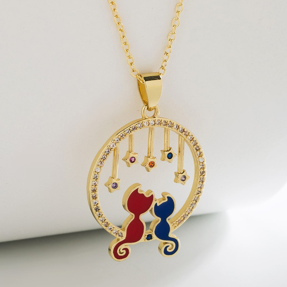 Fashion Star Cat Copper Enamel Zircon Pendant Necklace