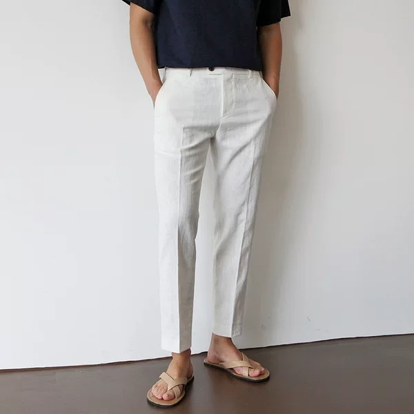 Men's White Linen Cotton Blend Cropped Pants, Casual Breathable Suit Pants, Straight-Leg, Plus Size