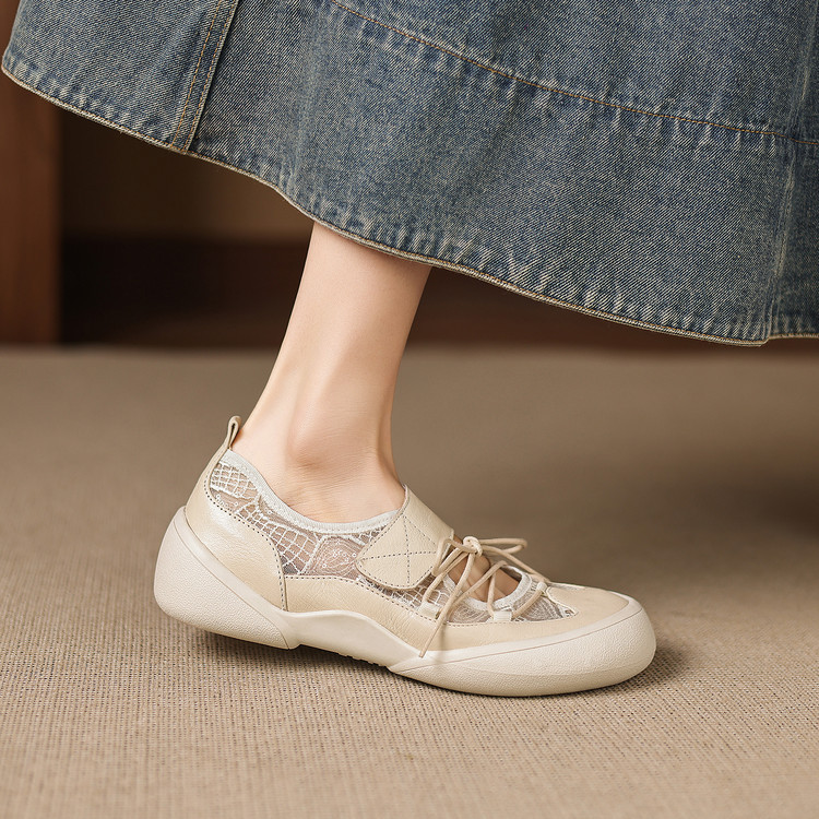 Giày sneaker nữ đế dày ren lưới phối màu cổ thấp — màu trắng ngà chi tiết 25