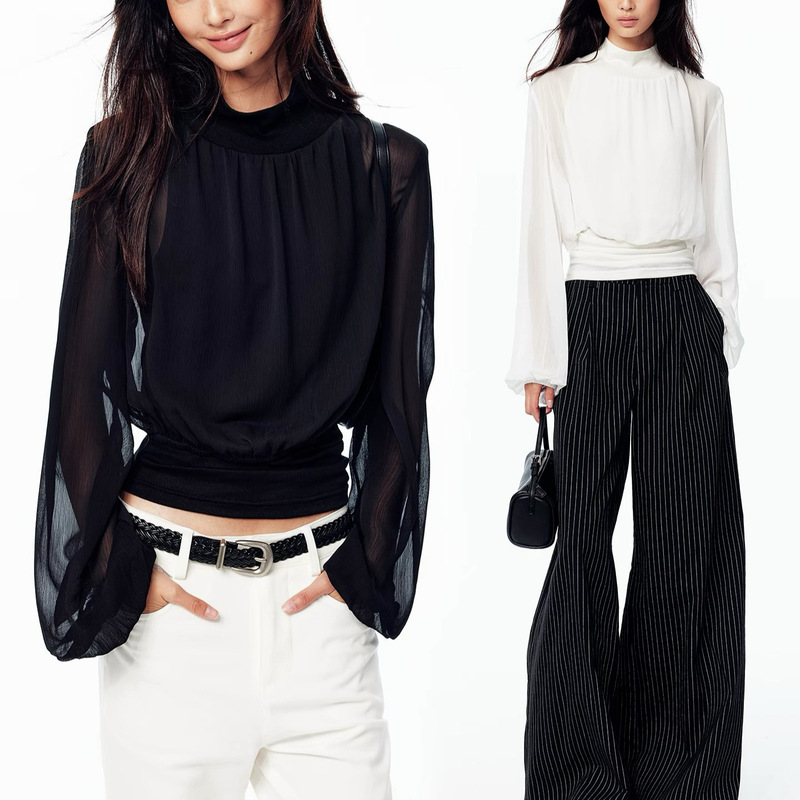 Turtleneck top with chiffon and knit fabric combination, long sleeves, skin-friendly, elegant and gentle base layer Turtleneck top with chiffon and knit fabric combination, long sleeves, skin-friendly, elegant and gentle base layer