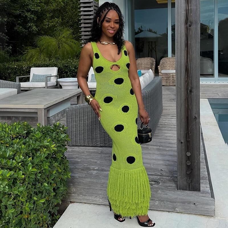 Cross-Border European and American 2026 Autumn New Sexy Bodycon Knit Dress Black Polka Dot Skirt with Tassels Long Dress Cross-Border European and American 2026 Autumn New Sexy Bodycon Knit Dress Black Polka Dot Skirt with Tassels Long Dress