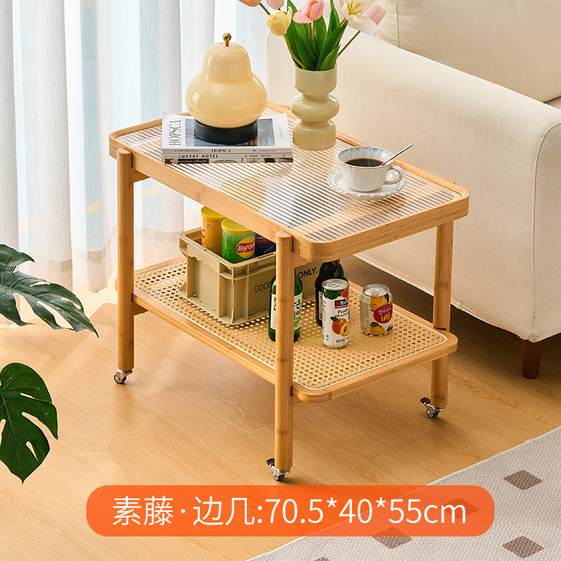 Sala de estar, sofá móvil, mesa lateral, carrito de vidrio japonés, estante de ratán, armario lateral de madera maciza, mesa pequeña en el balcón