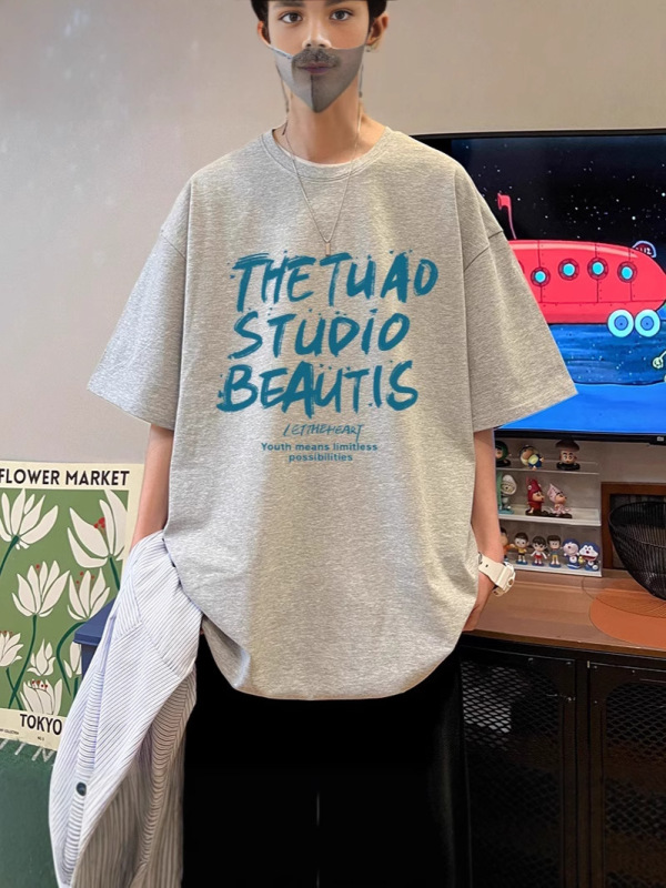 潮牌純綿アルファベット半袖tシャツ男性夏のゆるいtシャツごろつきイケメンカップル上着丸襟tシャツ|undefined