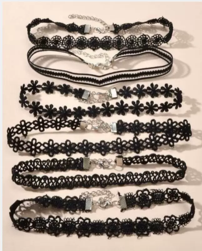 Комплект chokers ожерелья, готический европейский стиль, черное кружева, 6 штук регулируемых чокеров