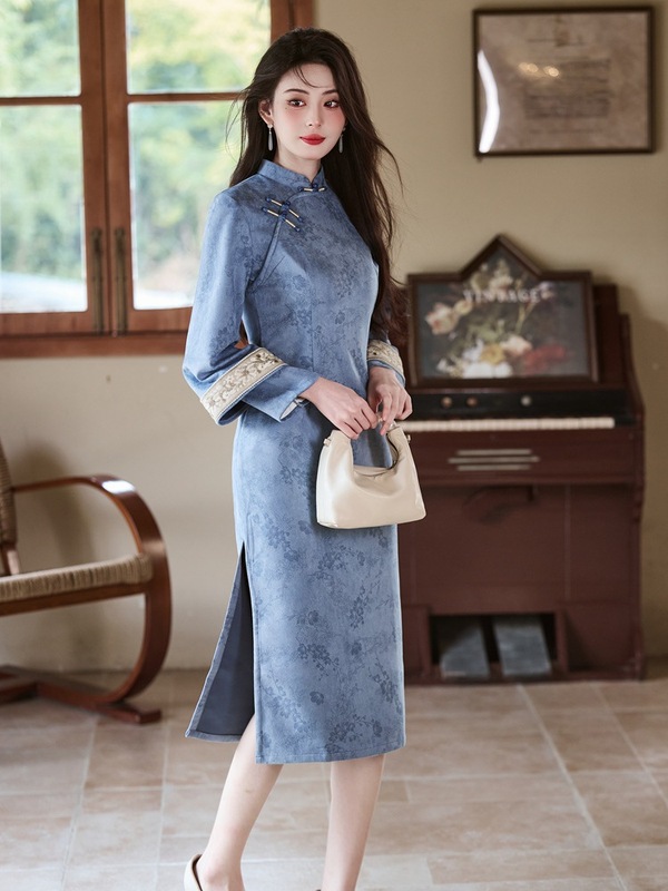 贝之韵蓝色素雅新中式改良倒大袖旗袍女2025秋新款淑女范日常可穿|undefined