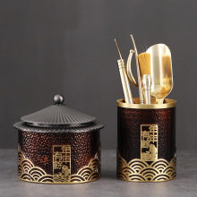 纯黄铜茶道六君子年年有余雕花茶筒茶夹茶勺泡茶工具大全茶道配件