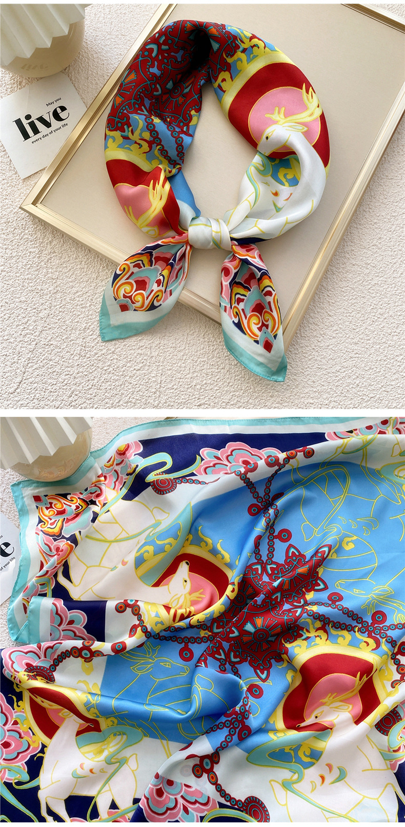 50g Weight Silk Scarf Classification Travel Occasion Silk Material Unisex Gender Printing Design Sweet Style Grey, Red, Green, Blue, Yellow, Black Color Unisex Sweet Silk Printing Silk Scarf 1