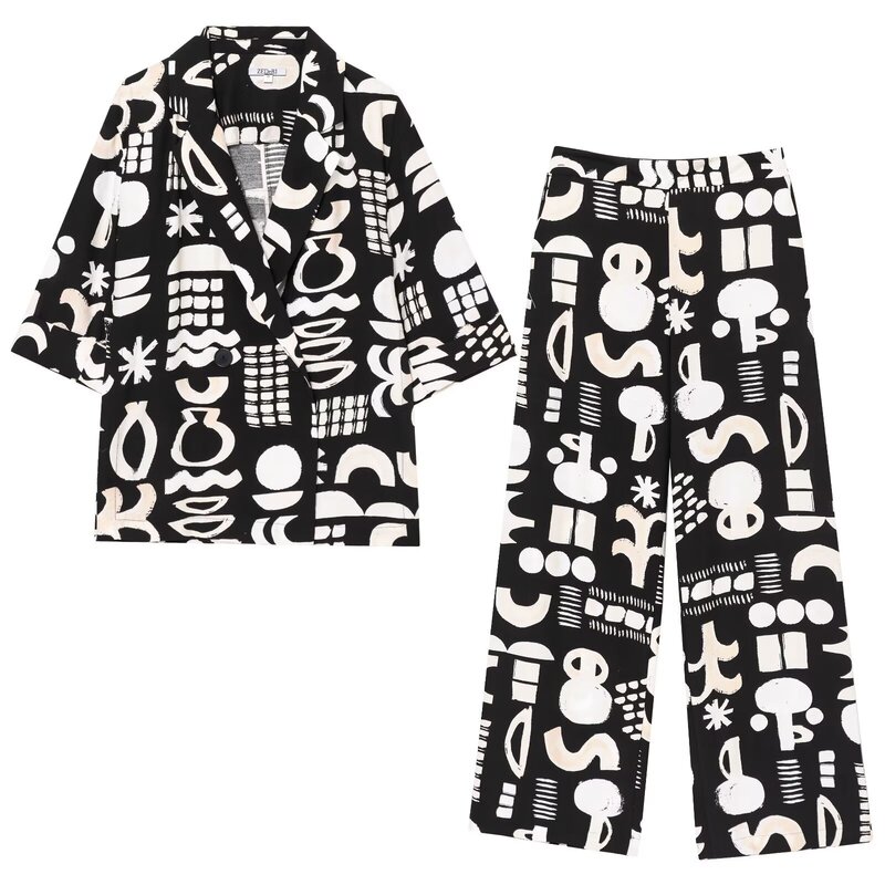 European and American Style Export Women's Clothing Cross-Border Popular Watercolor Pattern Suit Jacket + Straight Pants