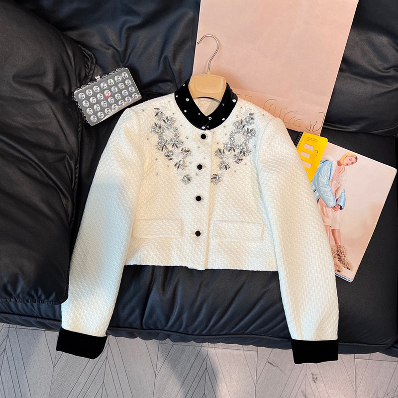 Miu Style Tweed Short Outwear Hand-Encrusted Diamond Ladylike Small Suit High-End Cardigan Top for Women Winter
