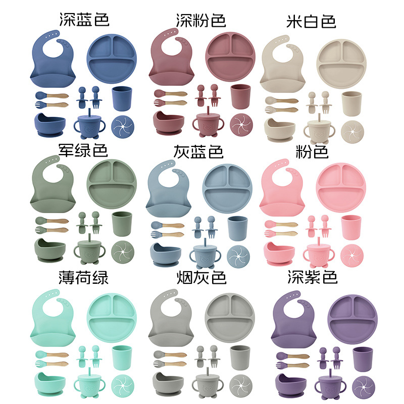 Juego de vajilla para niños, plato de silicona con tenedor y cuchara, cuchara para bebé, tazón de comida complementaria, producto de alimentación para bebés, juego de diez piezas