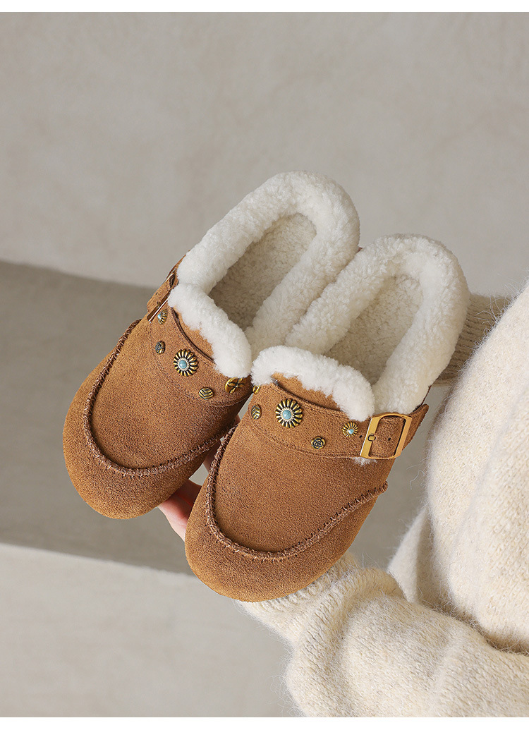 Dép mule nữ lông cừu đế xốp Birkenstock phong cách đinh tán, mũi kín, lót nâng nhẹ — hổ phách chi tiết 15