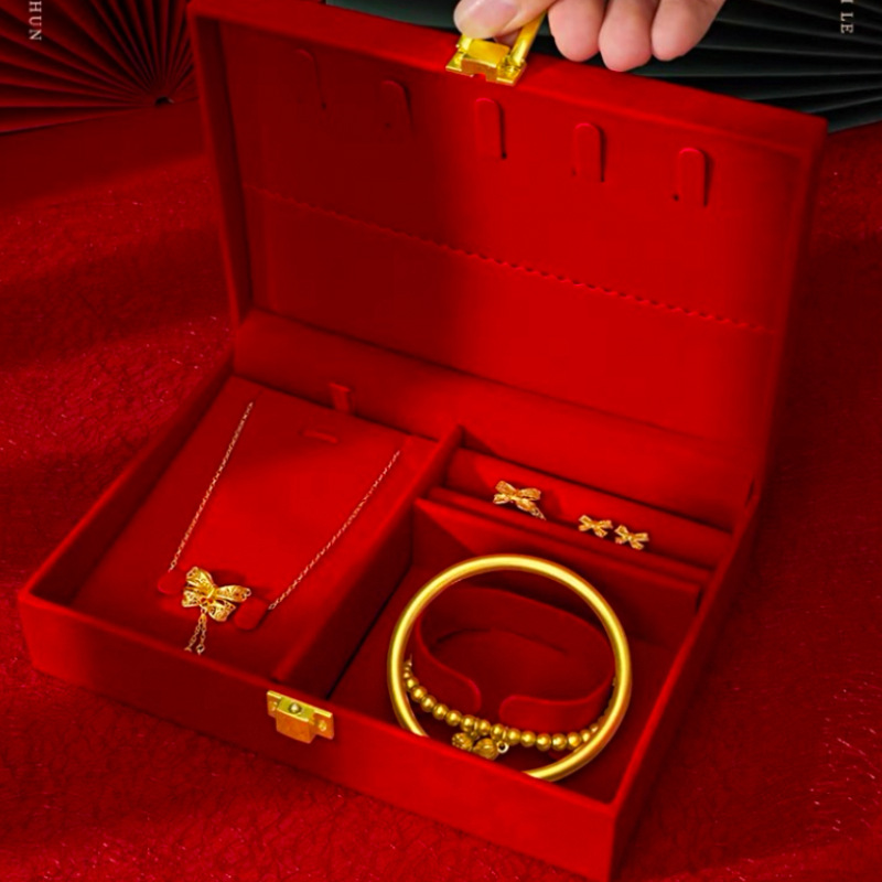 Caja de joyería de tres anillos de oro, caja de bodas, caja de almacenamiento, regalo de bodas, compromiso chino.