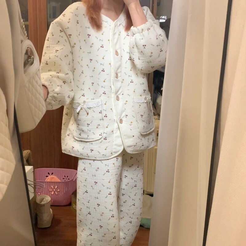 Quilted Thin Pajamas for Women, Autumn and Winter Korean Style, Sweet Air Layer Interlayer Loungewear, Long-Sleeved Long Pants Set, Autumn Outfit