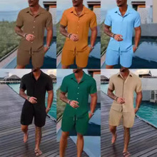 2023欧美跨境亚马逊 速卖通夏季男式休闲衬衫短袖沙滩裤套装