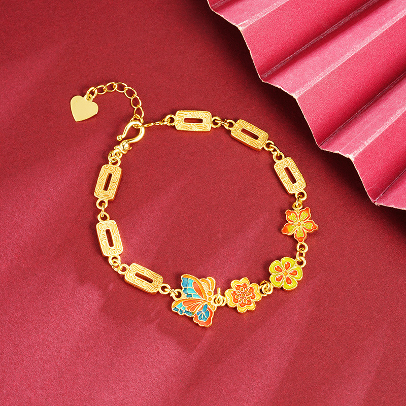 Nuevo estilo chino vietnamita pulsera de oro arena estilo palacio esmalte mariposa flores pulsera femininidad bronce dorado joyas de mano