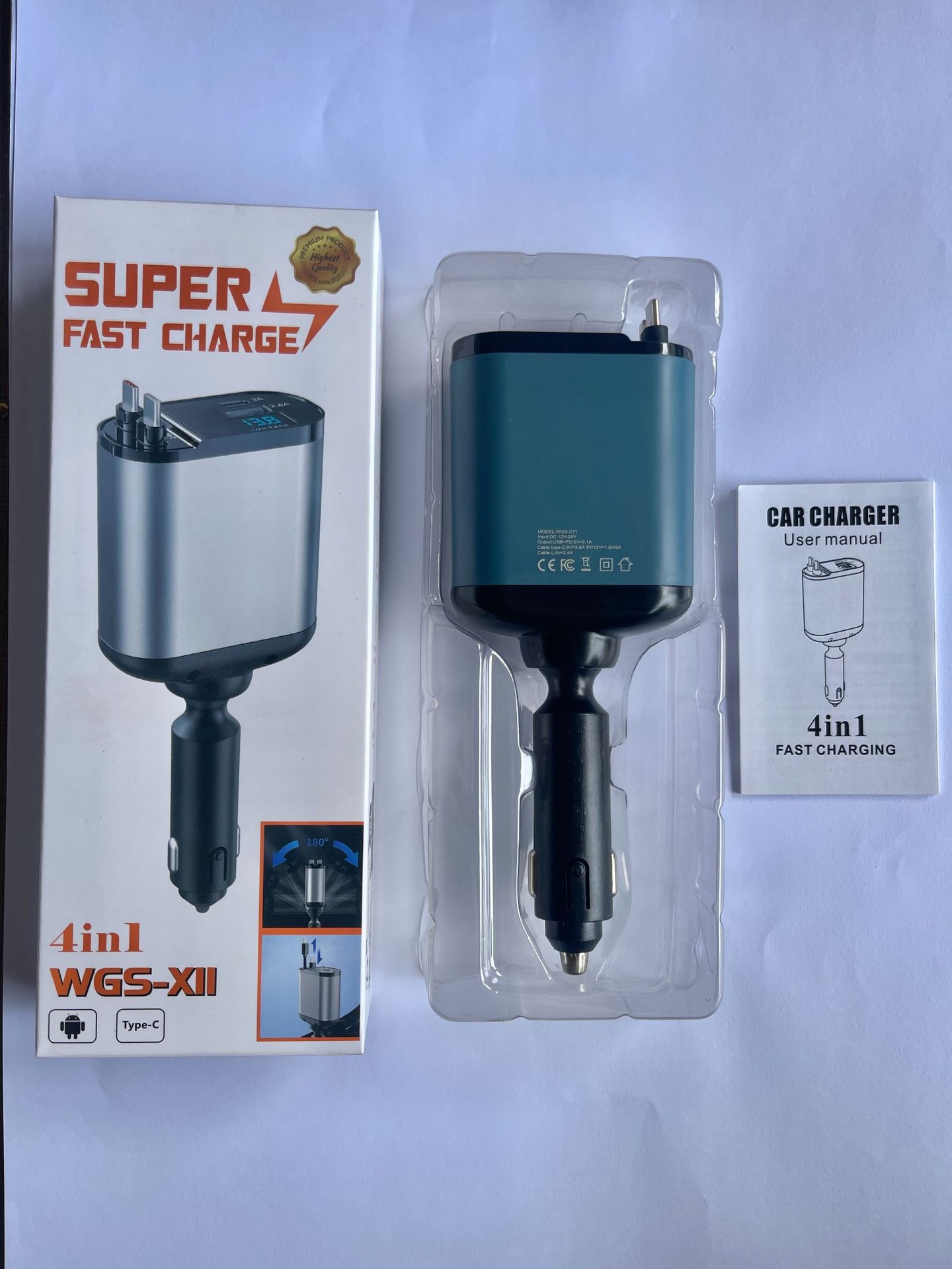 Car Charger with Retractable Cable, One-To-Four Car Charger, Super Fast Charging, Flash Charging, Car Phone Charging Head, Cigarette Lighter