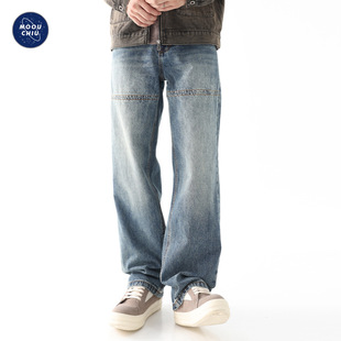 Muqiu Men's Wear ∠ American High Street Retro Jeans Men's Autumn Straight Stitching Ins Popular Brand Loose Pants