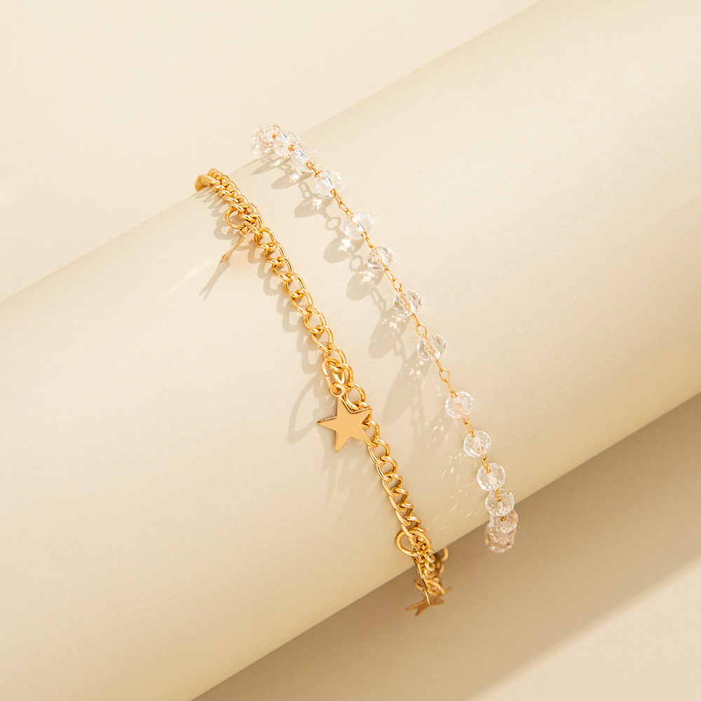 Fashion simple retro wild crystal beaded star double-layer alloy anklet