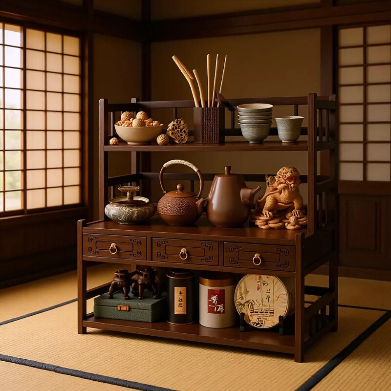 Desktop Small New Chinese-Style Tea Set Purple Clay Pot Storage Rack Ornament Tea Placement Rack Storage Cabinet