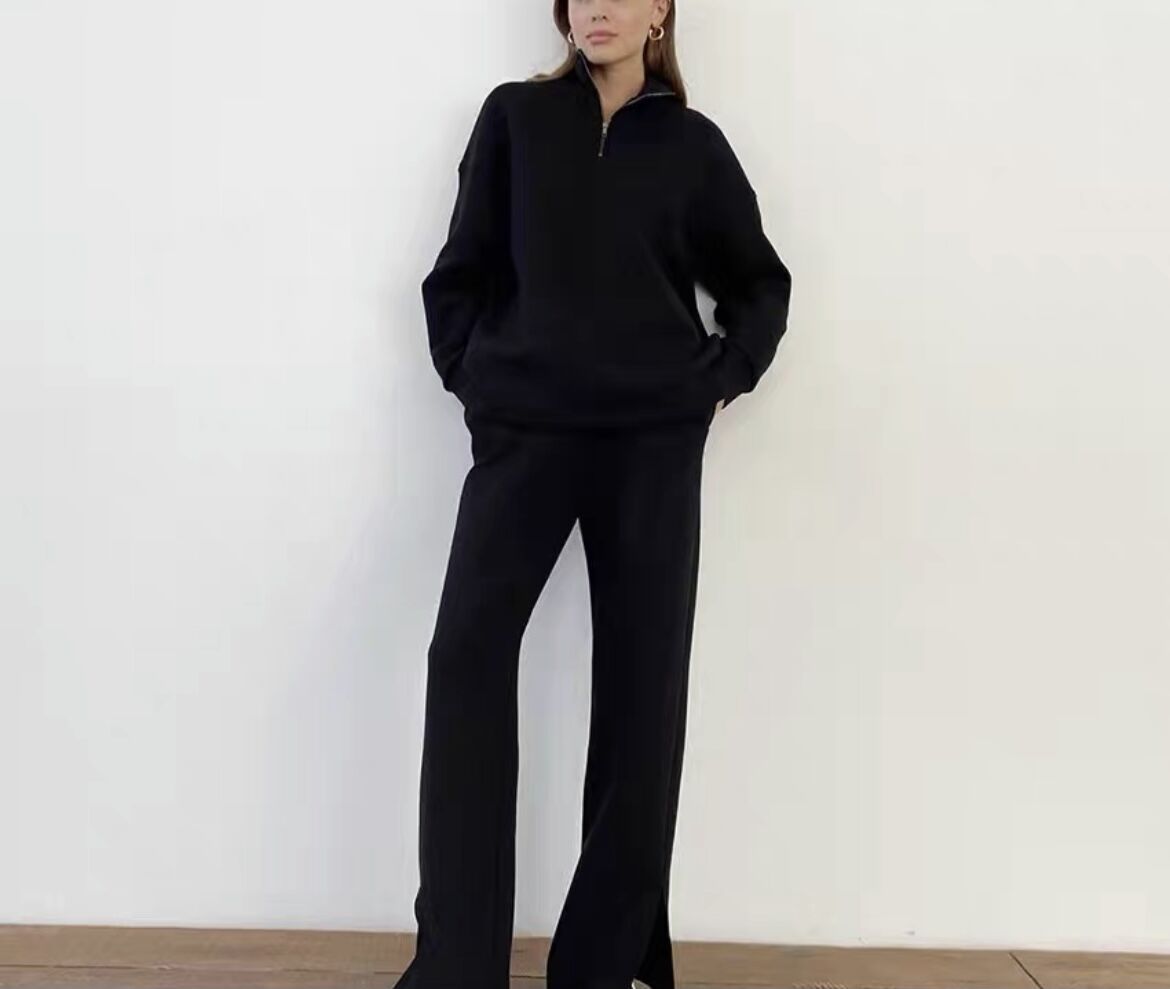 Vêtements pour femmes, sweat-shirt en coton de couleur unie, combinaison à fermeture éclair et pantalon de sport ample en velours pour femmes_voghion.com