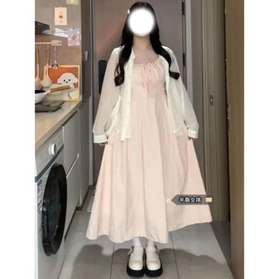 Plus-Size Sweet Style Spaghetti Strap Dress Set for Women, Summer Long-Sleeve Sun-Protective Cardigan Design, Slimming Dress