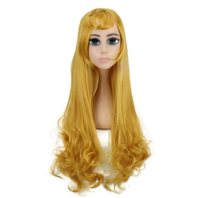 Princesa Alora cos dormir belleza amarillo largo pelo rizado Cosplay anime peluca en stock al por mayor
