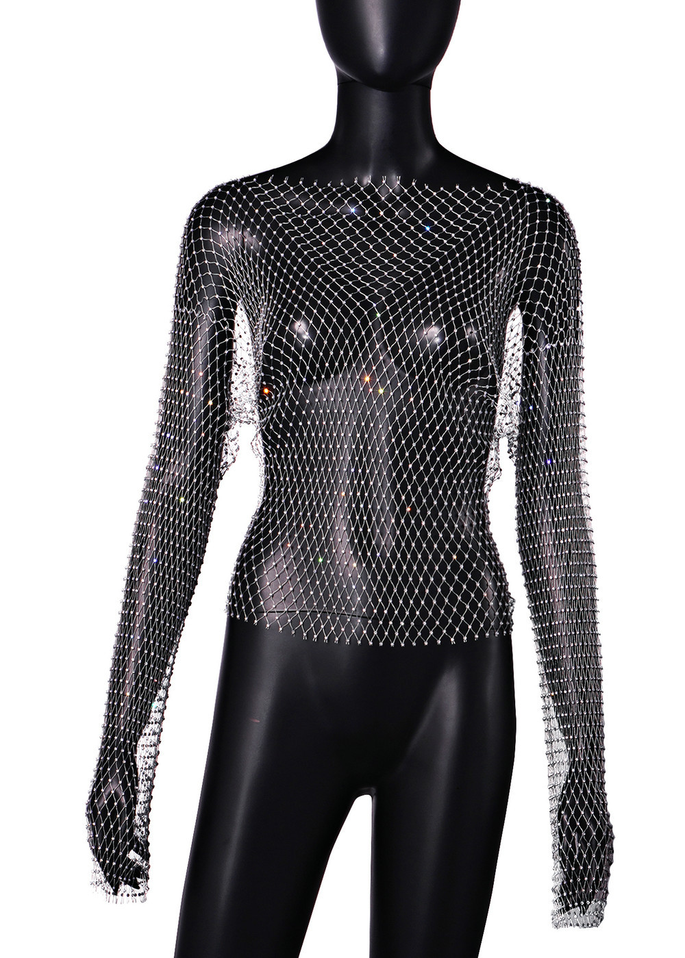 Ropa de Mujer para Comercio Exterior Europeo y Americano 2026, Ropa Transparente y Sexy para Club Nocturno, Top de Manga Larga con Cuello Redondo y Pedrería, Modelo 1122