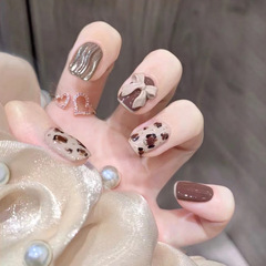 X009穿戴甲美甲甲片批發金色豹紋蝴蝶結可拆卸指甲貼片防水短款女