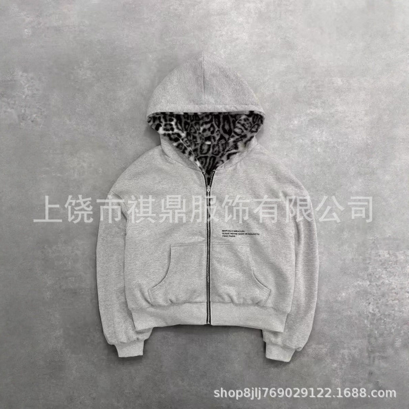Cross-Border European and American 2025 Autumn and Winter New Amazon Leopard Print Hoodie Outdoor Daily Zippered Loose Sweatshirt for Men
