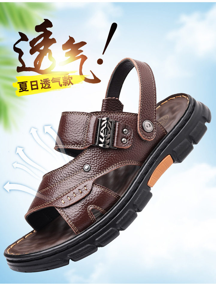 Dép sandal nam da bò đế dày chống trượt kiểu mới mùa hè, dép lê hở ngón mũi tròn — Màu nâu, màu đen chi tiết 9