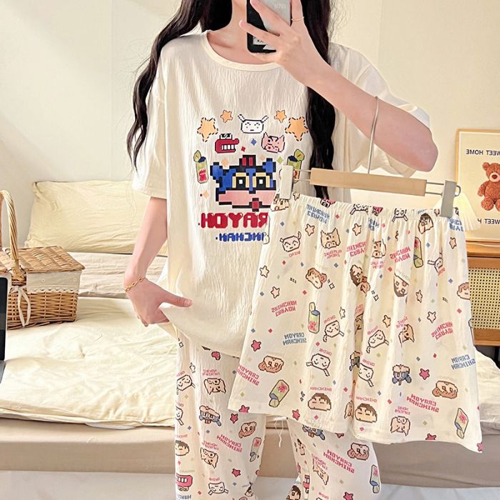 En nombre de la nube de algodón de tres piezas de verano nuevos pijamas de dibujos animados de mujer cuello redondo pantalones cortos de manga corta pantalones traje de servicio a domicilio