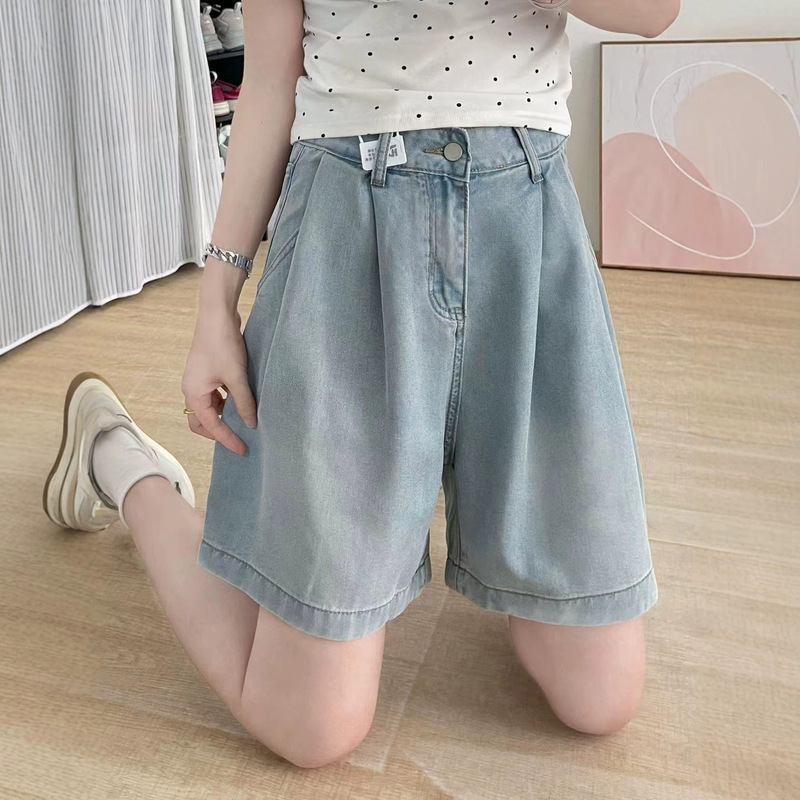 Light Blue Tencel Denim Shorts for Women, Summer Thin Style, Plus Size, High Waist, Hip-Covering, Slimming, Wide-Leg Mid-Length Shorts