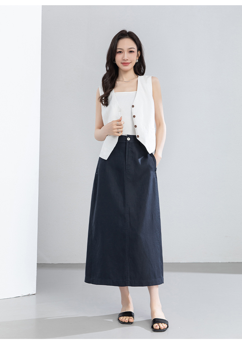 Chân váy chữ A dáng dài nữ chất liệu linen phối sợi tencel, thiết kế che khuyết điểm eo hông — màu xanh navy chi tiết 20