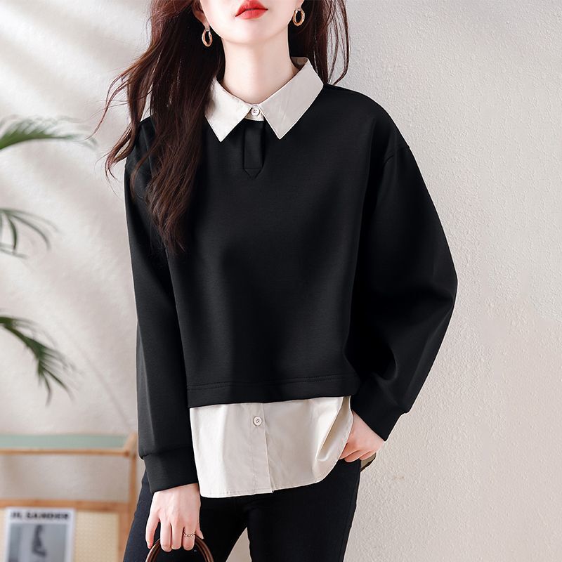 Spring and Autumn 2026 New Style Long-Sleeve High-End Loose-Fitting Faux Two-Piece Sweatshirt Design Casual Patchwork Fashion Shirt Top