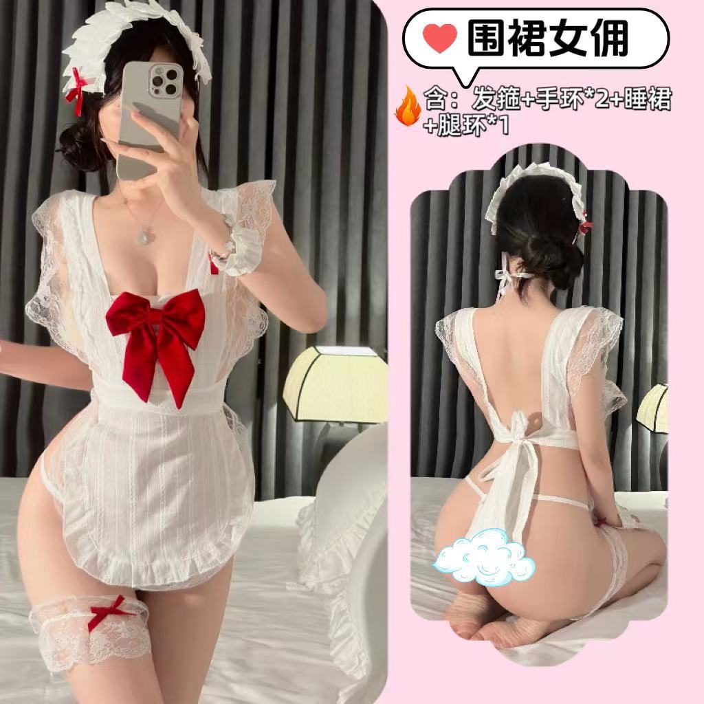 화이트+레드 [헤어액세서리+앞치마+팔찌+다리링+T바지]