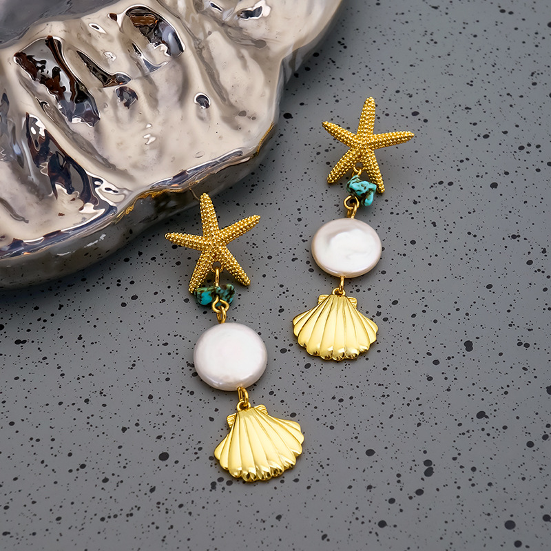 Freshwater Pearl, Copper Material Casual Retro Starfish Shell Freshwater Pearl Copper Plating 18k Gold Plated Women's Drop Earrings