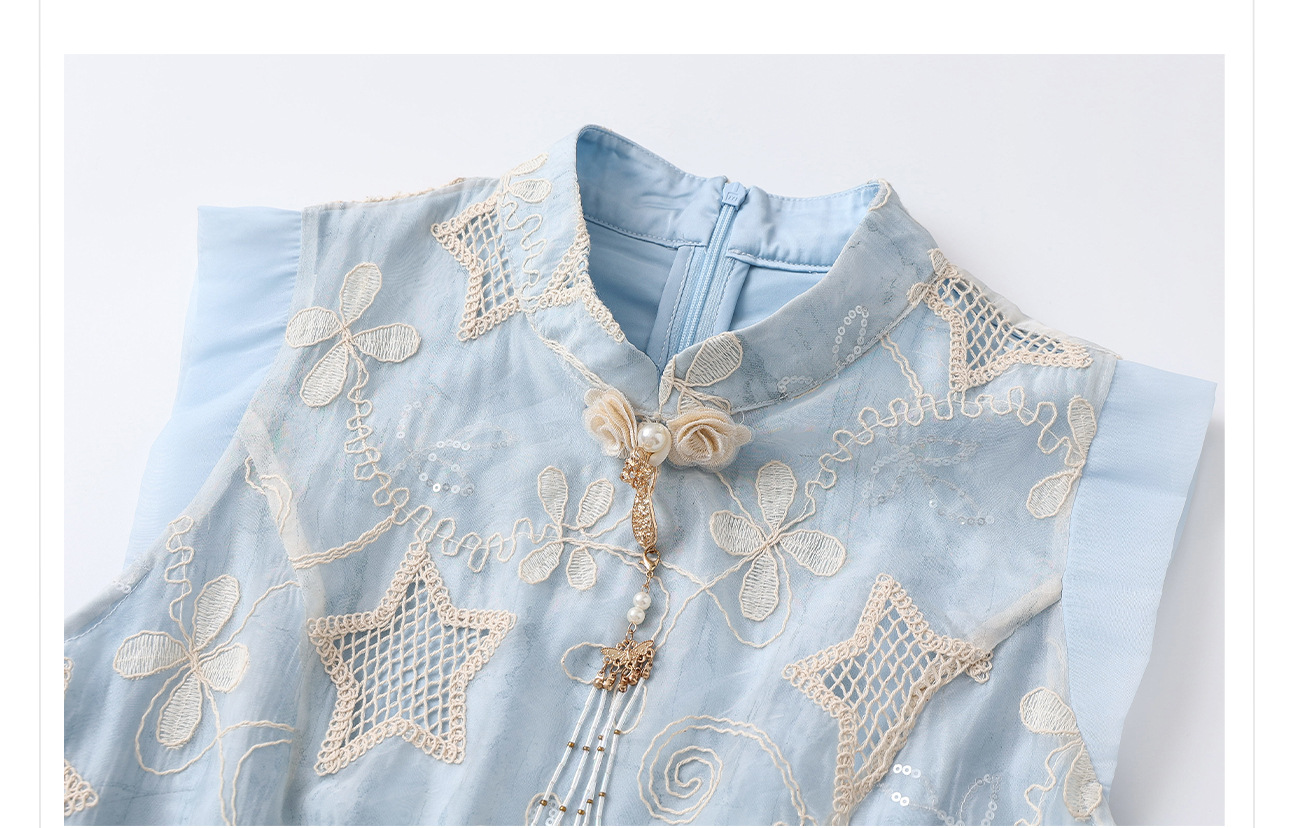 Đầm sườn xám ôm body thêu hoa đào phong cách Trung Hoa mới mùa hè ZX N4091 — Ánh trăng xanh lam, Màu trắng be chi tiết 6