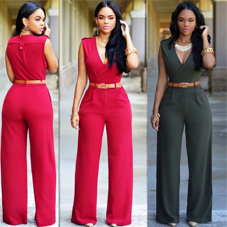 v-neck wide-legged pants suit women jump...