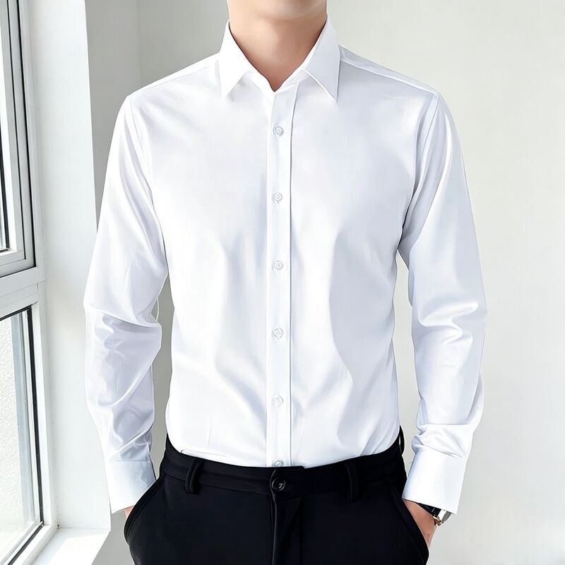 2025 Spring White Shirt Men's Long Sleeve Square Collar Shirt Casual Business High-End Business Wear Shirt White Shirt 2025 Spring White Shirt Men's Long Sleeve Square Collar Shirt Casual Business High-End Business Wear Shirt White Shirt