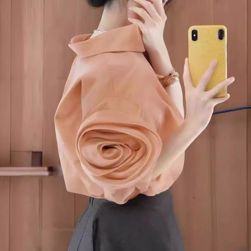 Summer popular three-dimensional rose shirt temperament light mature chic short sleeve shirt unique retro pink shirt