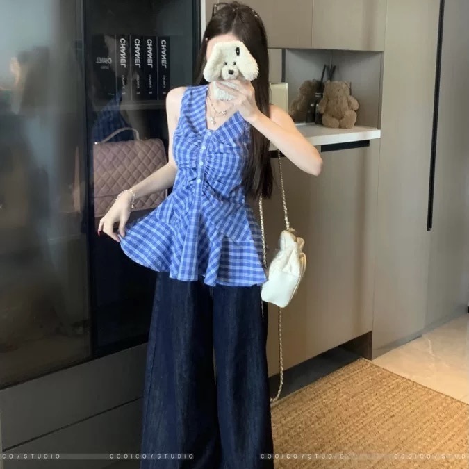 韩系蓝色格纹无袖吊带衬衫女夏季新款法式小众设计感显瘦宽松上衣|undefined