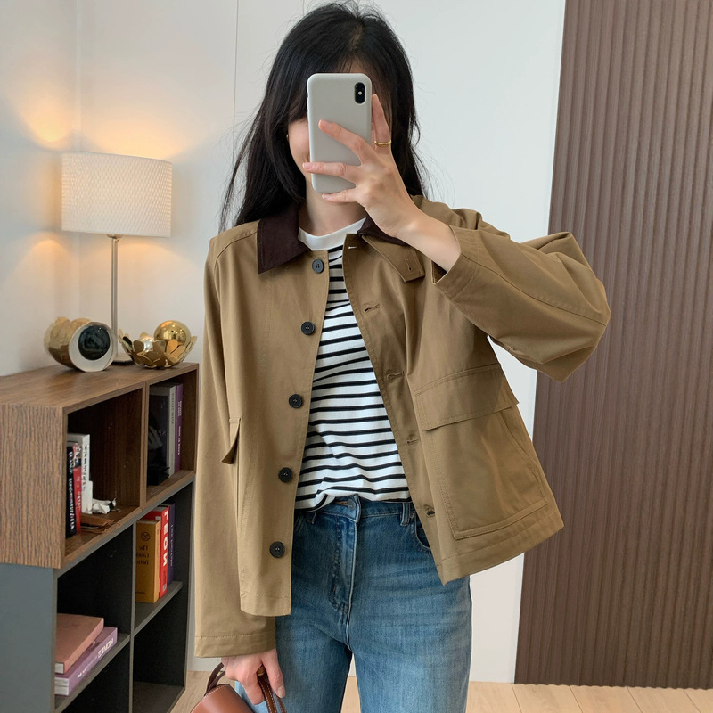 Hejia 2025 Early Autumn New Women's Clothing: Barn-style Short Coat for Petite Women, Casual Turn-down Collar Jacket, Women's Trench Coat