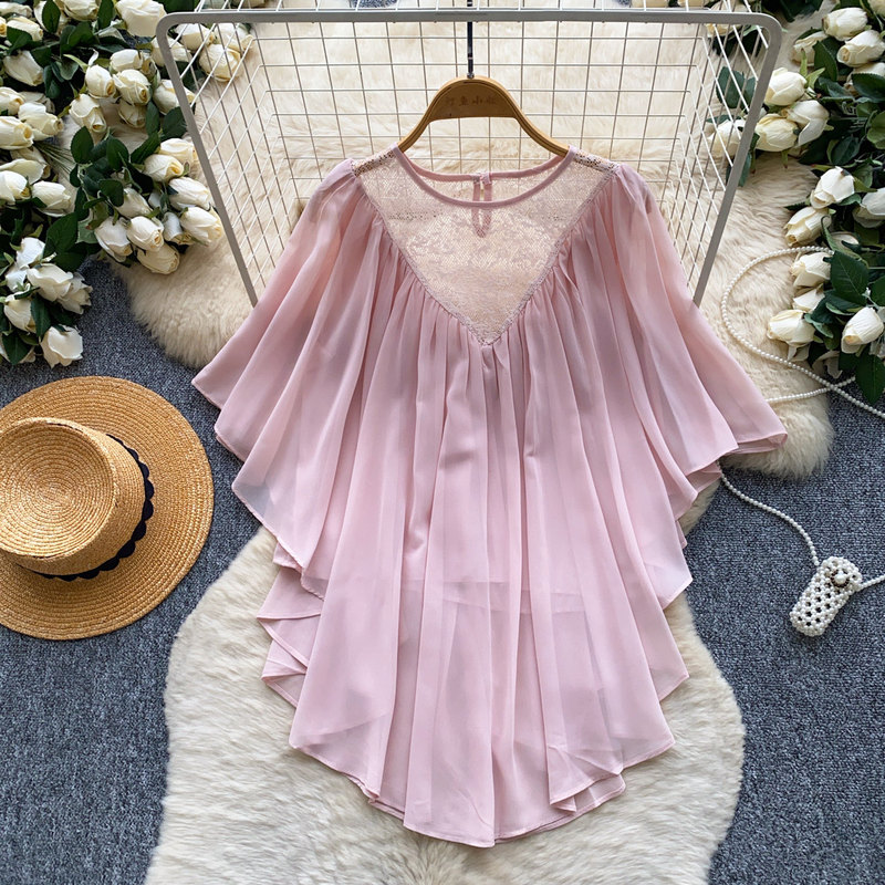 French-Style Gentle Lace Splicing Chiffon Shirt for Women, Summer Skin-Friendly, Breathable, Loose, Elegant and Stylish Workwear Top