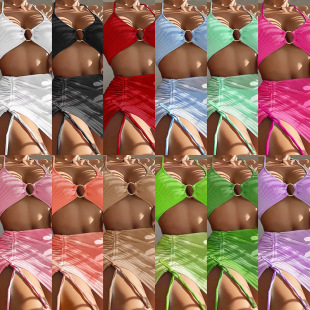 European and American steel ring bikini cross-border Amazon popular three-piece suit split bikini2024 pleated women's swimsuit