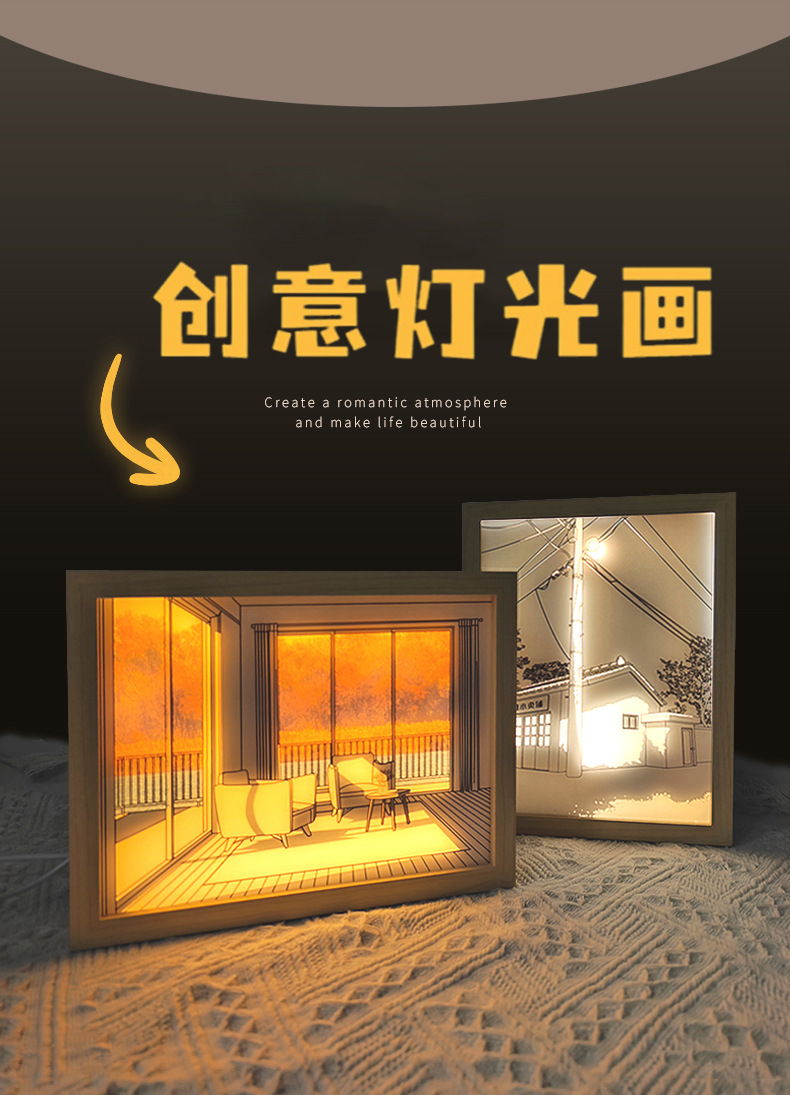 创意桌面摆台灯光画 LED发光相框装饰画 卧室床头夜灯摆件USB接口-阿里巴巴