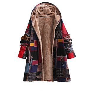 2023 Autumn and Winter New Ethnic Style Jacket European and American Fashion Cotton and Linen Hooded Cotton Jacket Plus Velvet Loose Jacket Women Wholesale