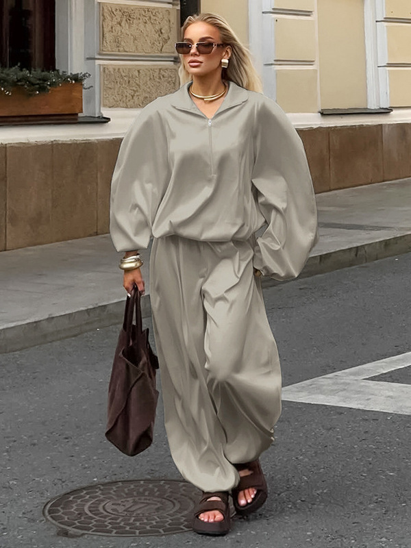 欧美秋季女装套装仿真丝宽松长袖翻领polo衫哈伦裤两件套时尚套装|undefined