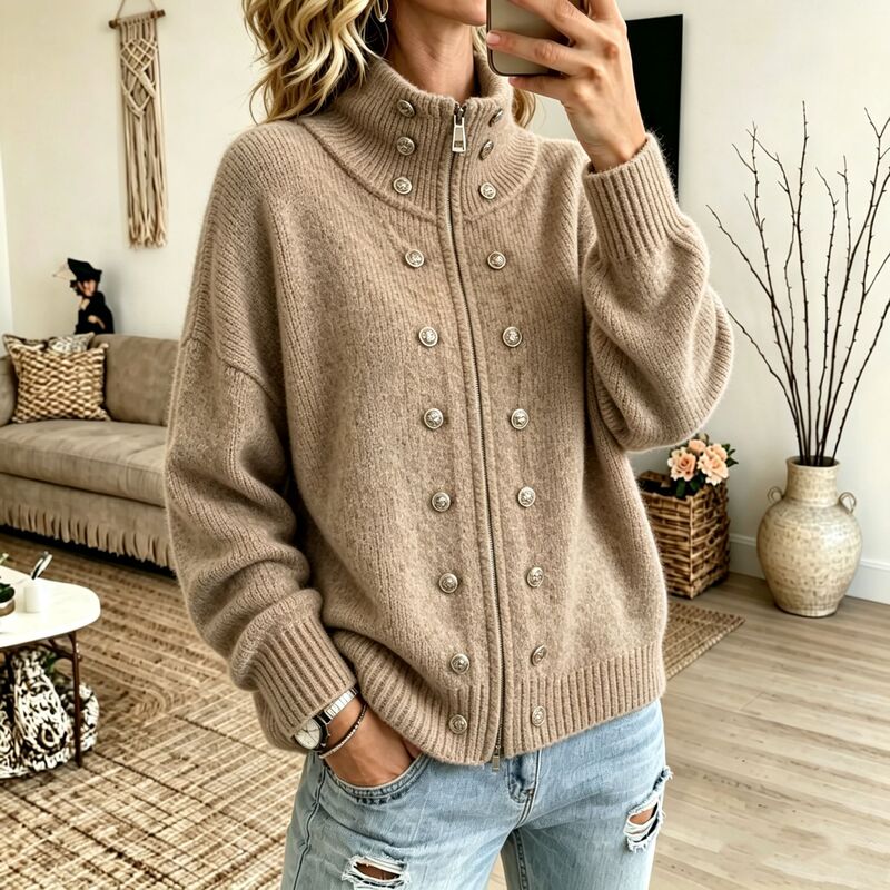 Cross-border women's clothing 2026 autumn/winter new collection: relaxed-fit knit cardigan with metal buttons and double zippers Cross-border women's clothing 2026 autumn/winter new collection: relaxed-fit knit cardigan with metal buttons and double zippers